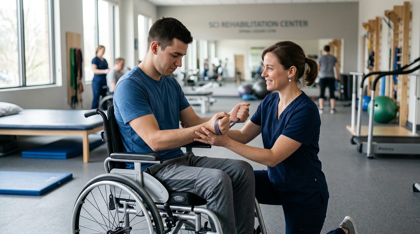 Young adult in wheelchair working with physical therapist in spinal cord injury rehabilitation gym.