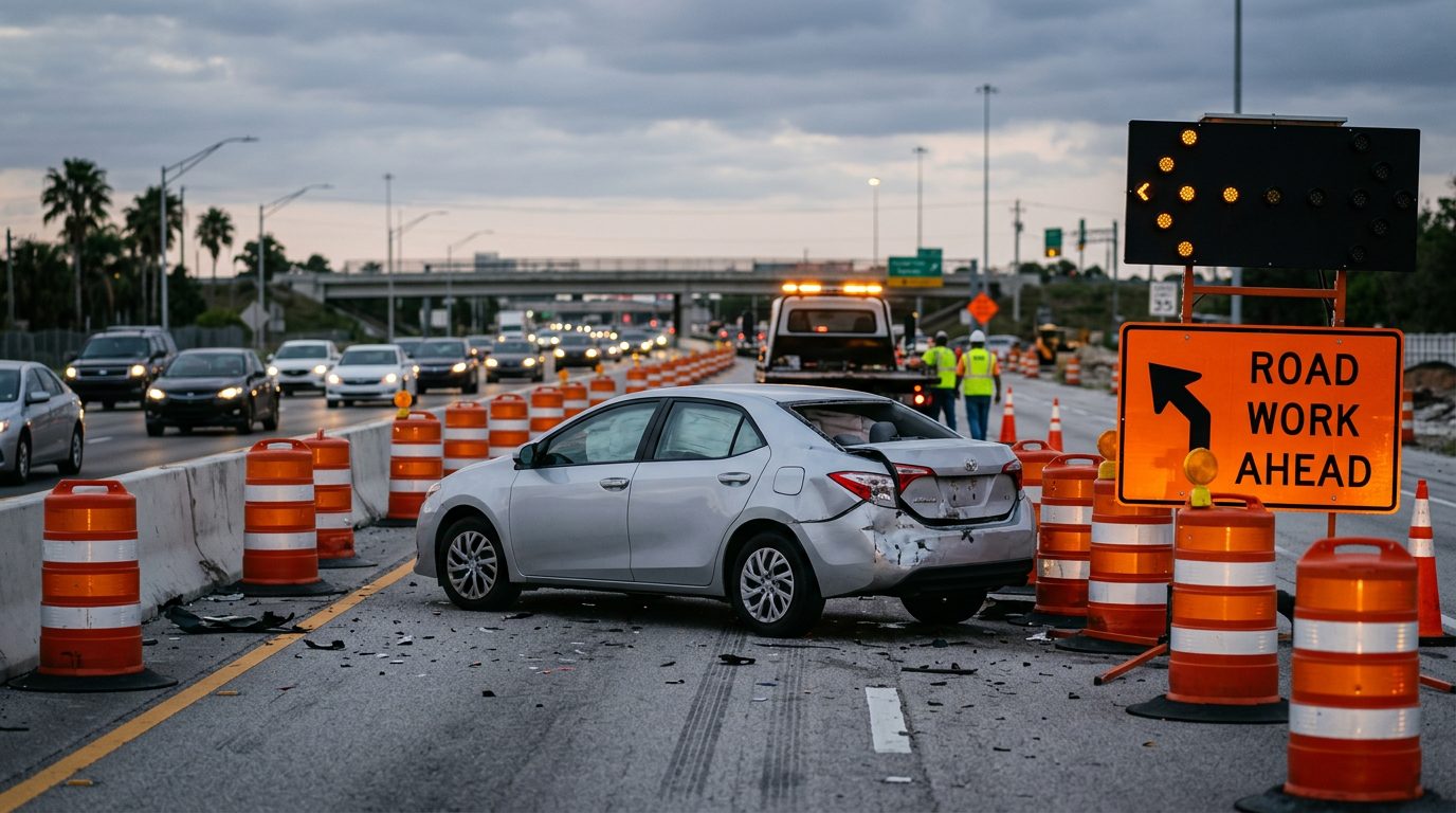 A damaged car beside orange barrels and lane-closure signs in a highway work zone at dusk