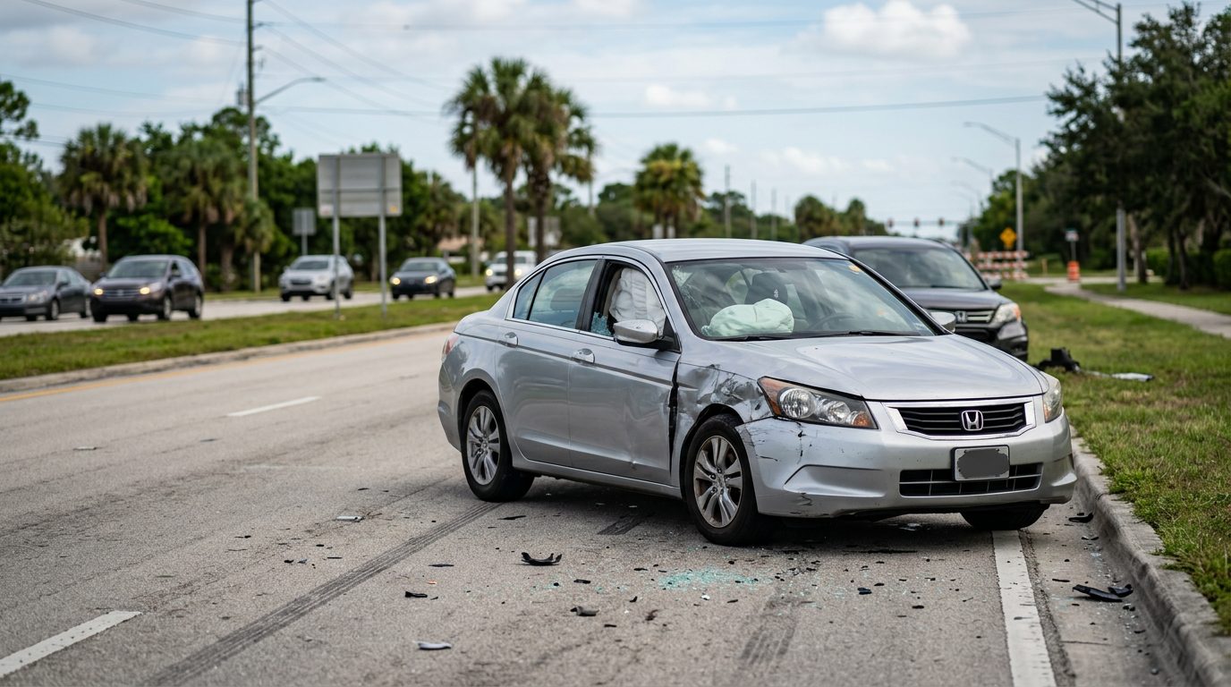 A damaged passenger car with deployed airbags after a crash, photographed from a safe distance.

The stock description says "serious car accident," which may conflict with a page about minor accidents, so I left out severity. If the photo shows a minor crash, you could add "minor" to match the page.
