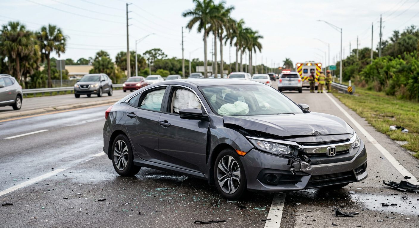 A damaged passenger car with deployed airbags after a serious crash, photographed from a distance.