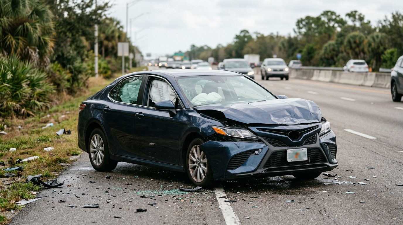 A damaged passenger car with deployed airbags after a serious collision, photographed from a safe distance.