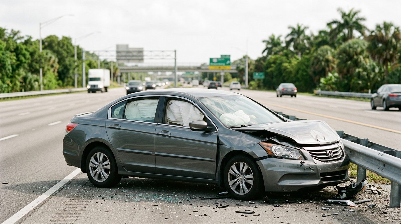 A damaged passenger car with deployed airbags after a serious collision, photographed from a safe distance.