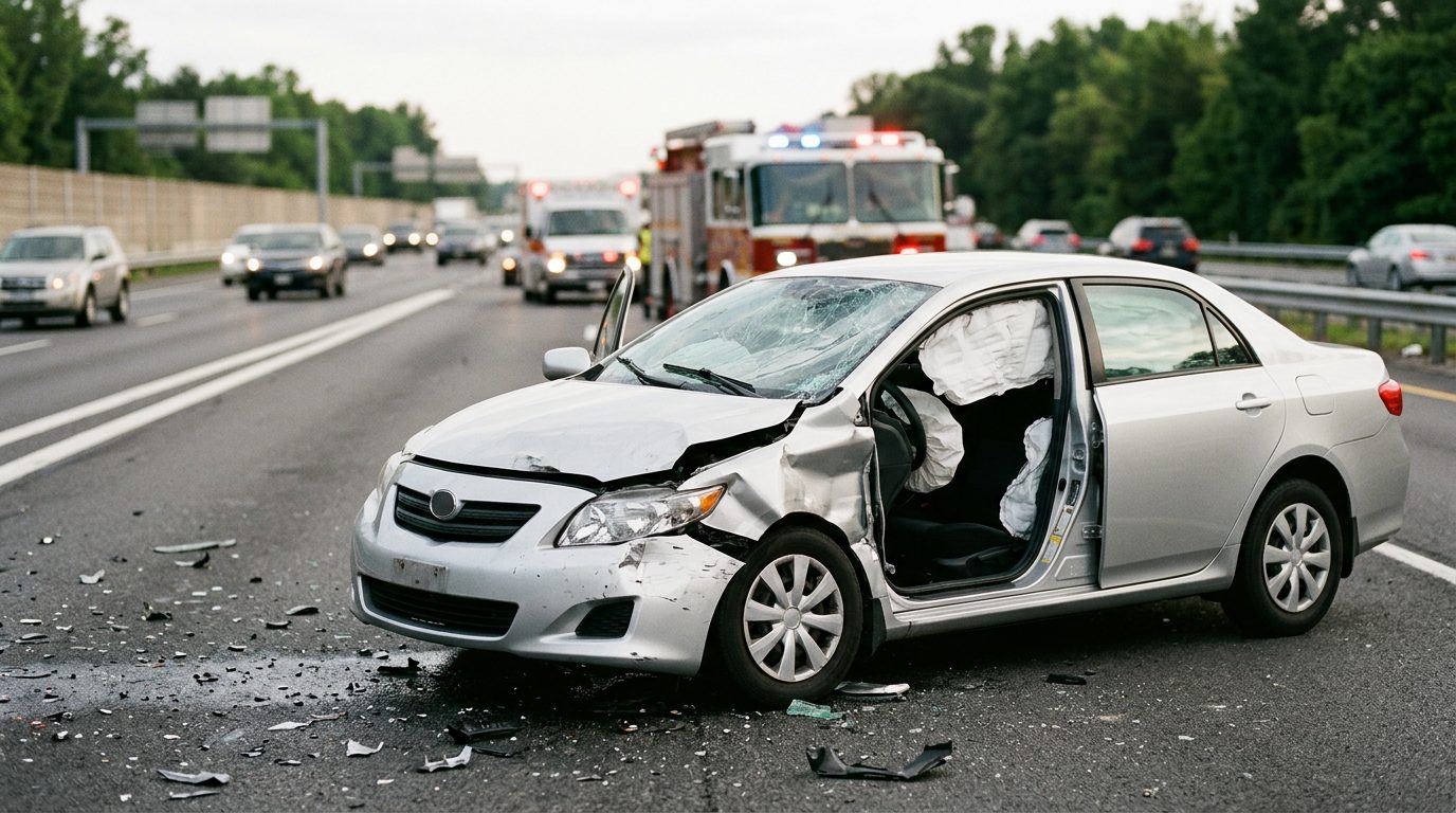 A damaged passenger car with deployed airbags after a serious collision.