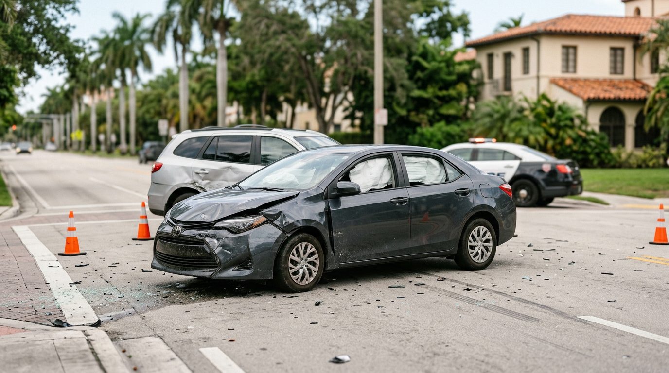 A damaged passenger car with deployed airbags after a serious collision, photographed from a safe distance.