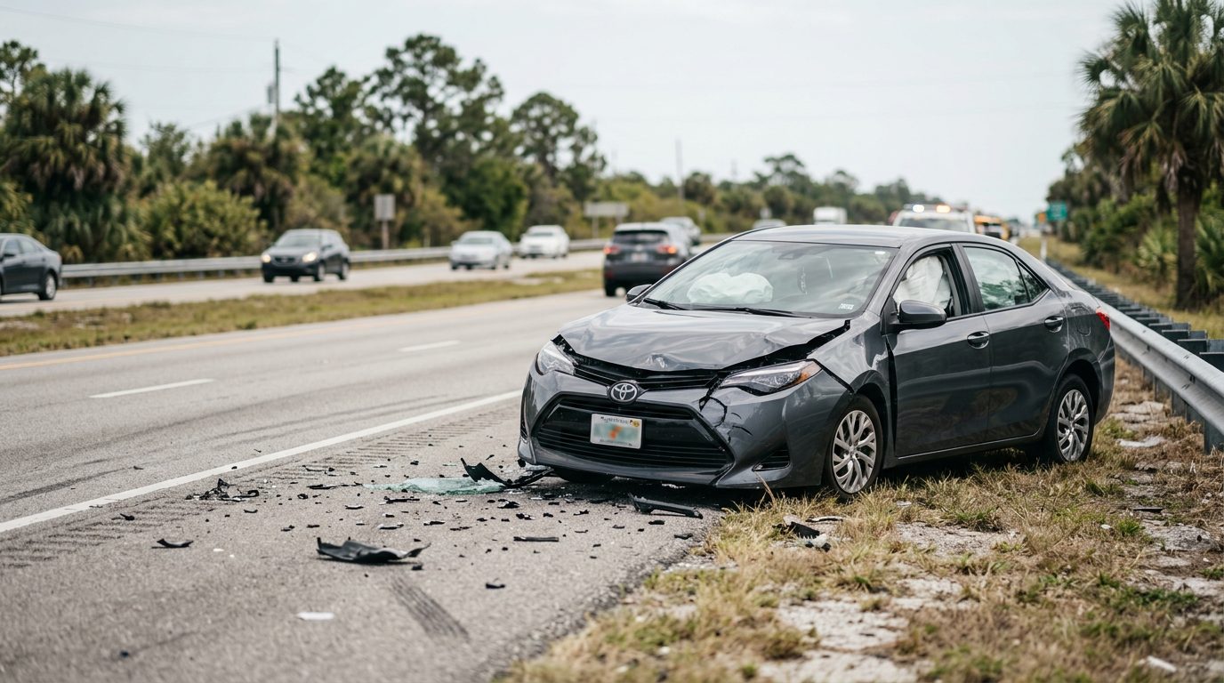 A damaged passenger car with deployed airbags after a serious collision on a roadway.