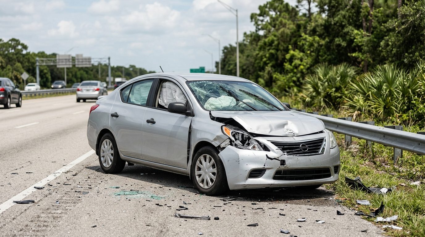 A damaged passenger car with deployed airbags after a serious accident, photographed from a safe distance.