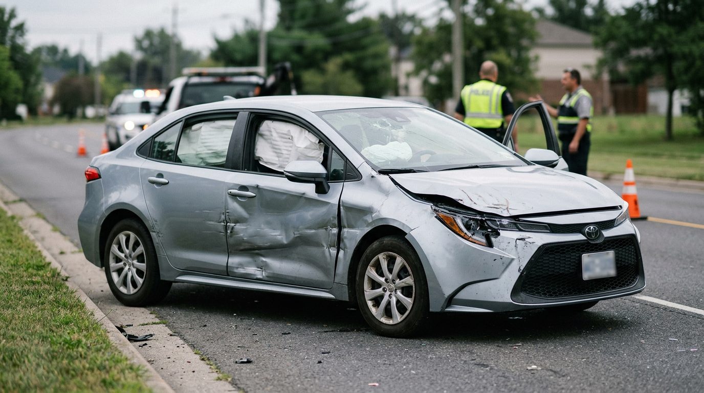 A damaged passenger car with deployed airbags after a serious collision, photographed from a safe distance.
