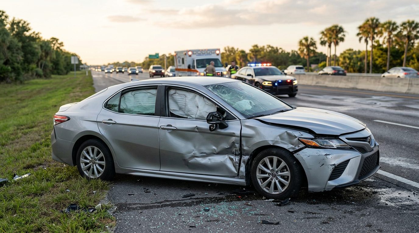 A damaged passenger car with deployed airbags sits on the roadside after a serious crash.