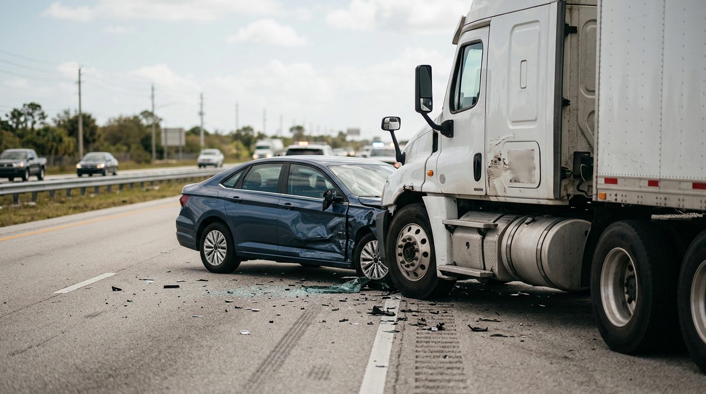 A damaged semi truck and passenger car sit on a roadside after a collision, with no injuries visible.