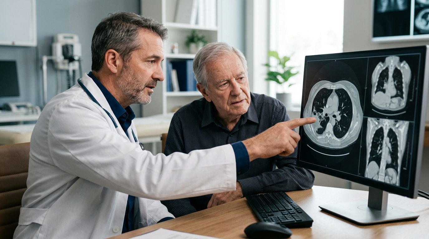 A doctor in a white coat points to a chest CT scan on a monitor while speaking with a seated patient.