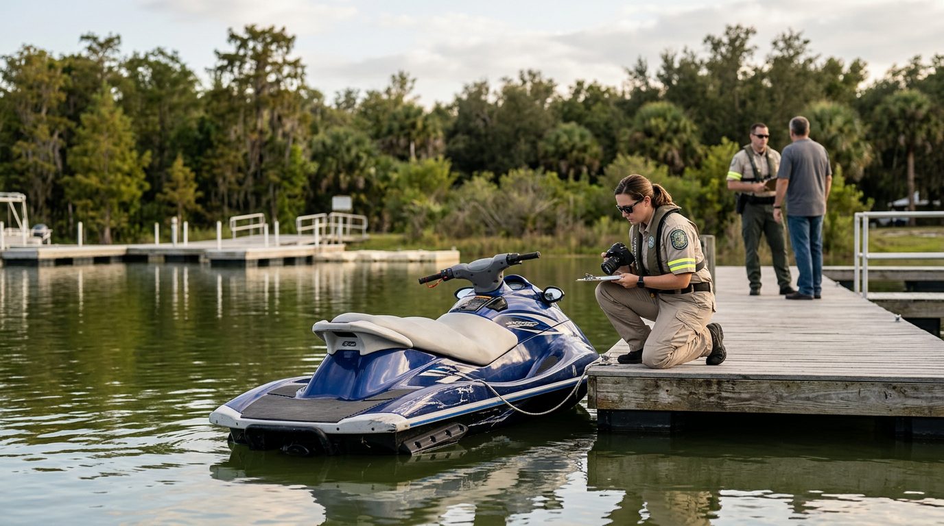 A marine safety investigator photographs a damaged jet ski beside a calm lakeshore dock.