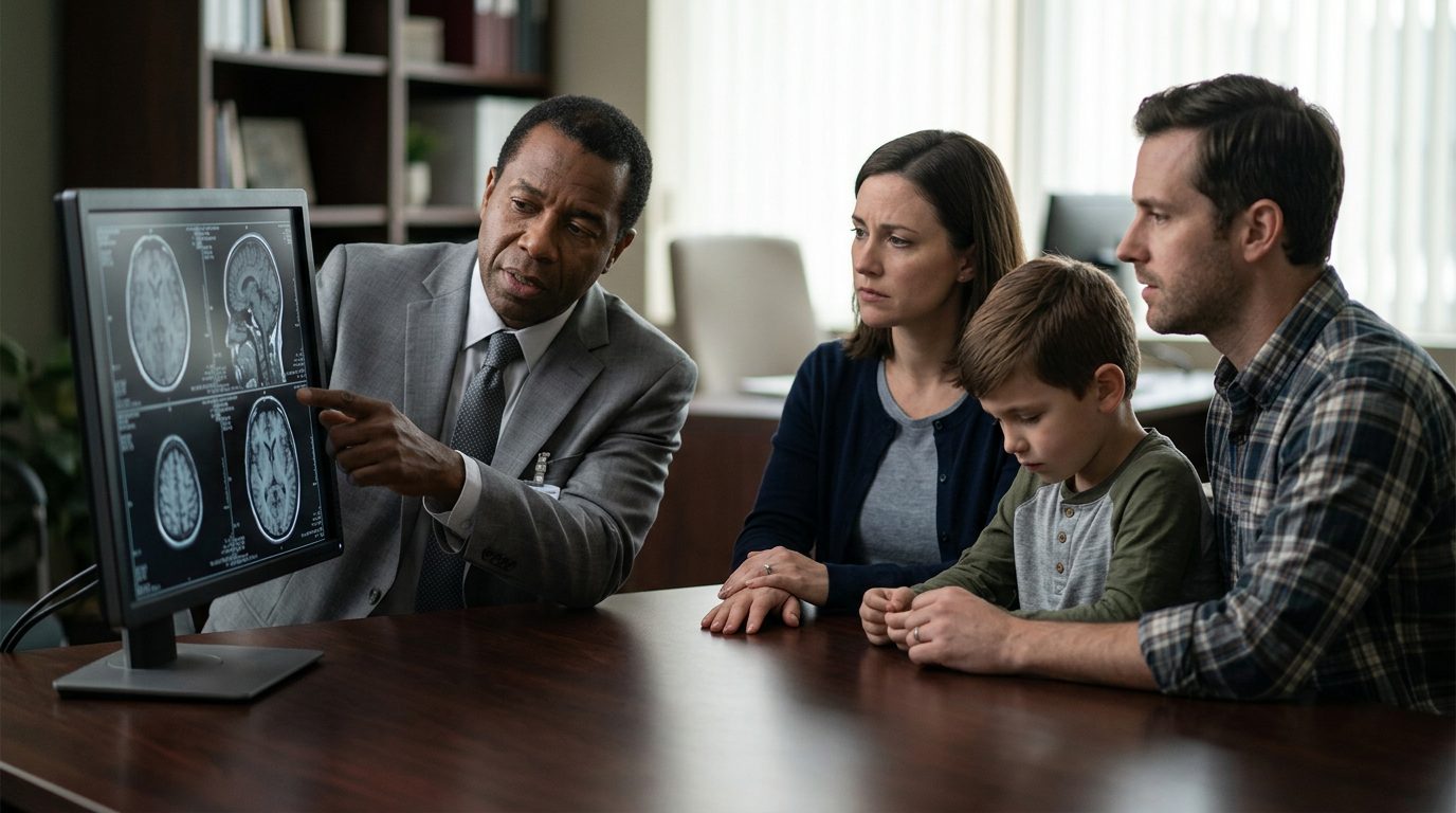 A neurologist reviews brain scans with a family after a near-drowning injury.