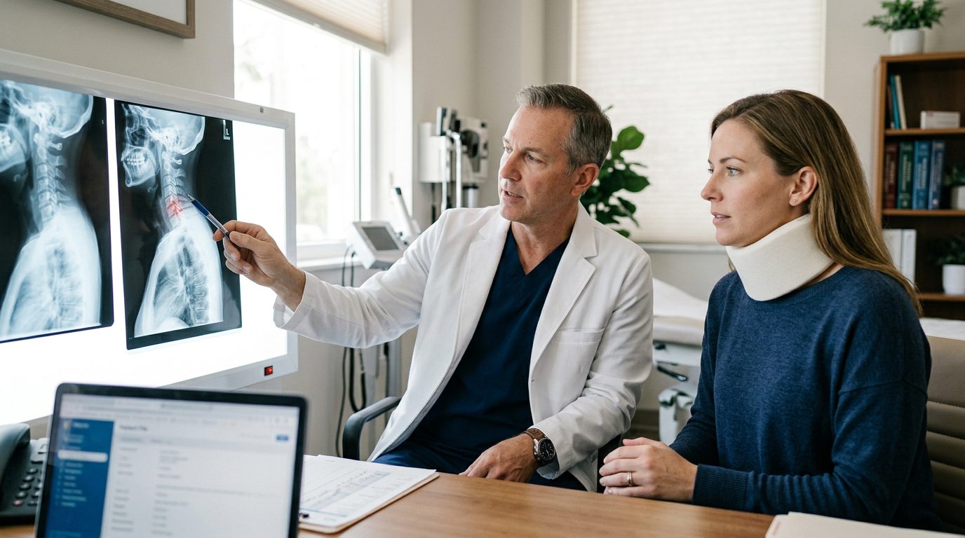A person in a rigid cervical neck collar reviews spine X-rays with a surgeon in a bright consultation room.