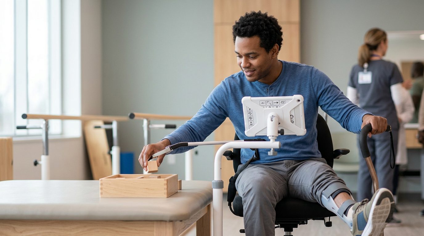 A person practices walking and communication exercises with support during recovery from a brain injury.