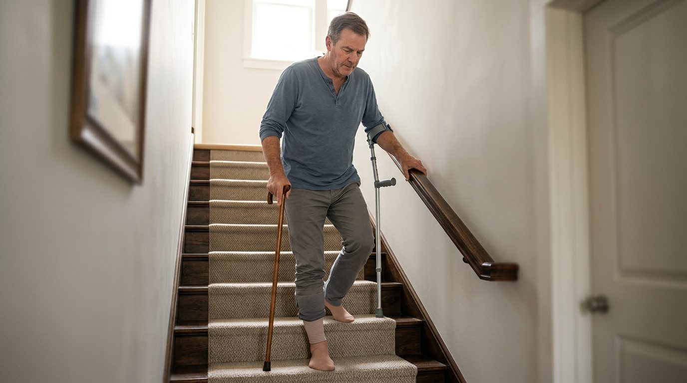 A person using a cane walks carefully down indoor stairs while holding a handrail.