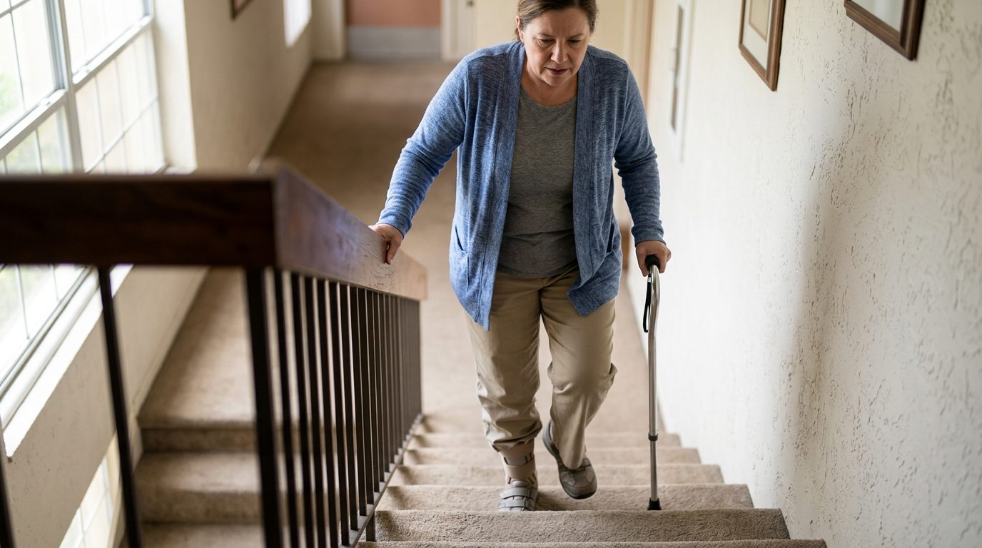 A person using a cane walks down an indoor staircase while gripping a handrail.