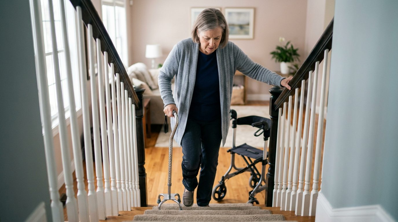 A person using a cane walks down indoor stairs while holding a handrail.
