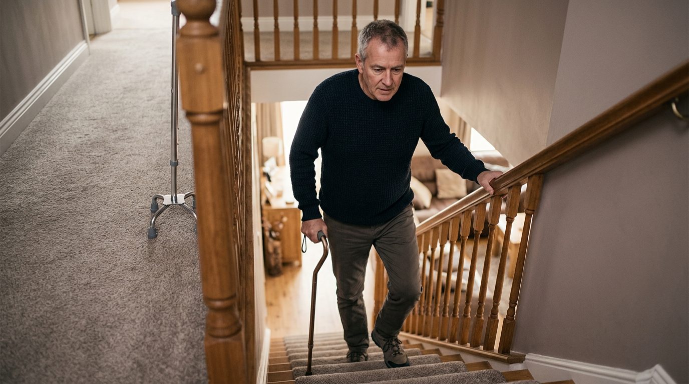 A person using a cane walks down indoor stairs while holding a handrail.