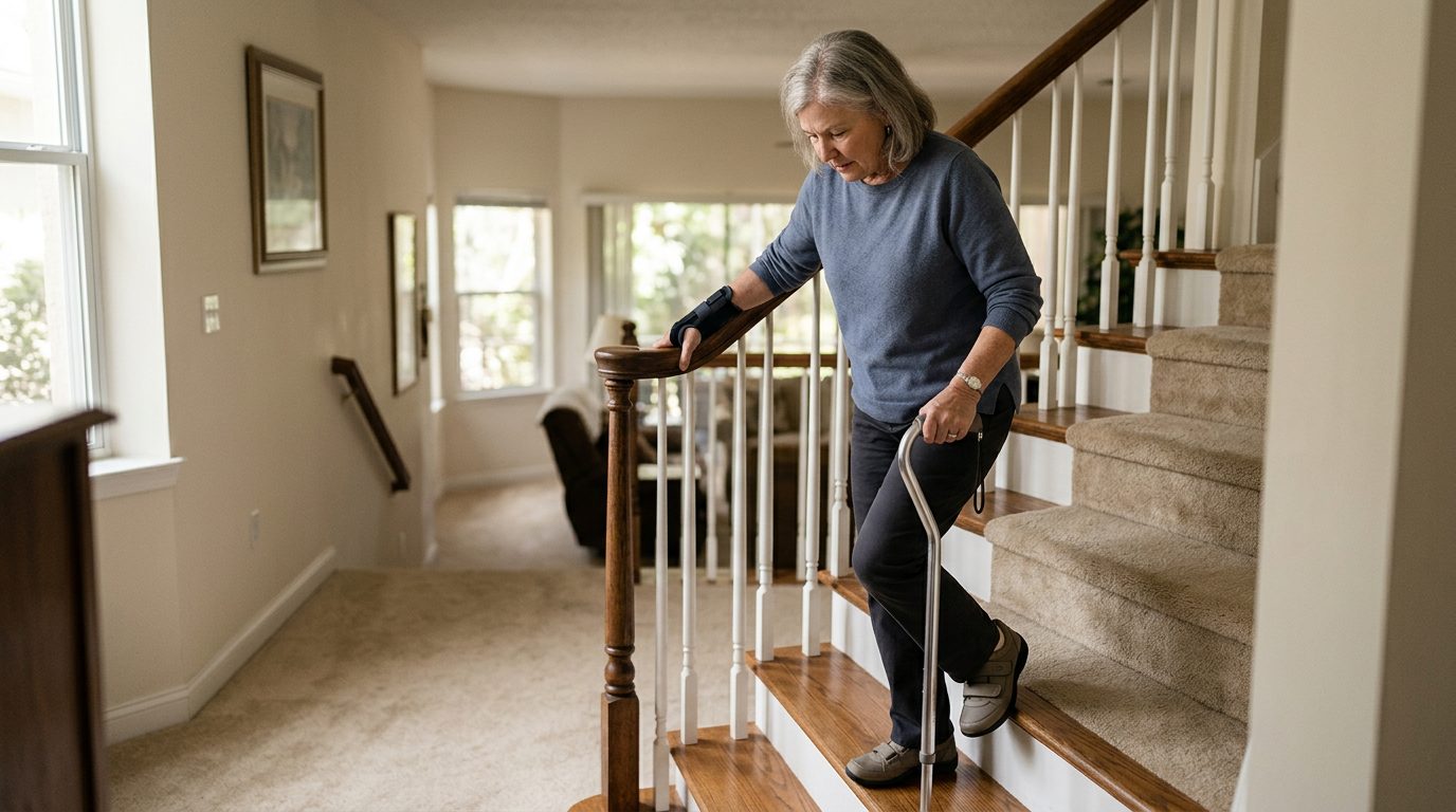 A person using a cane walks down interior stairs while holding a handrail.