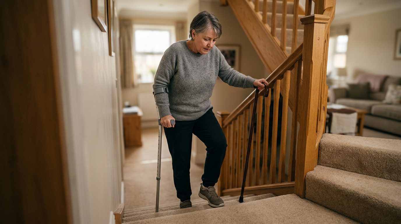 Una persona con bastón sube unas escaleras interiores sujetándose del pasamanos.