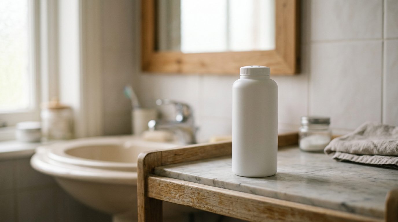 A plain, unbranded container of talcum powder sits on a bathroom shelf.