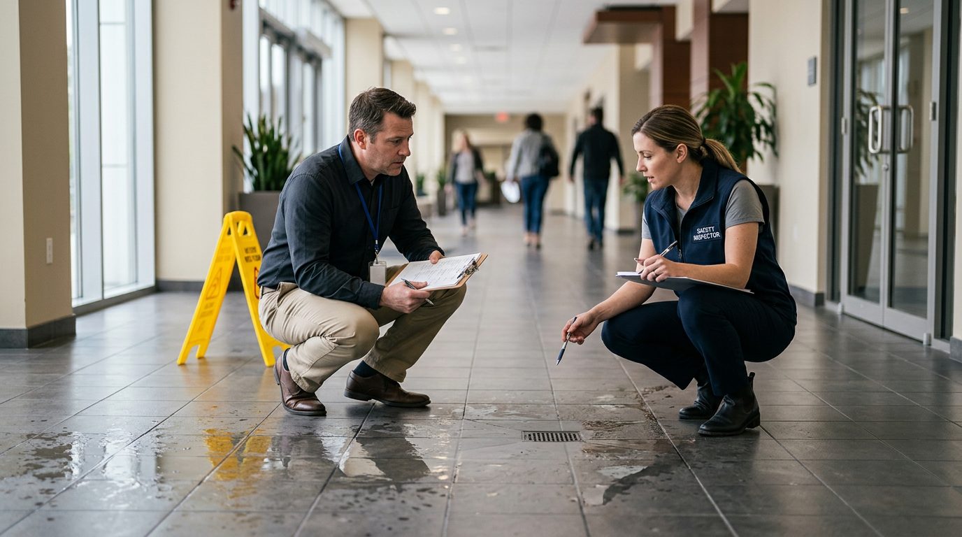 A property manager and safety inspector examine a wet commercial hallway floor with missing warning signs and drainage problems.