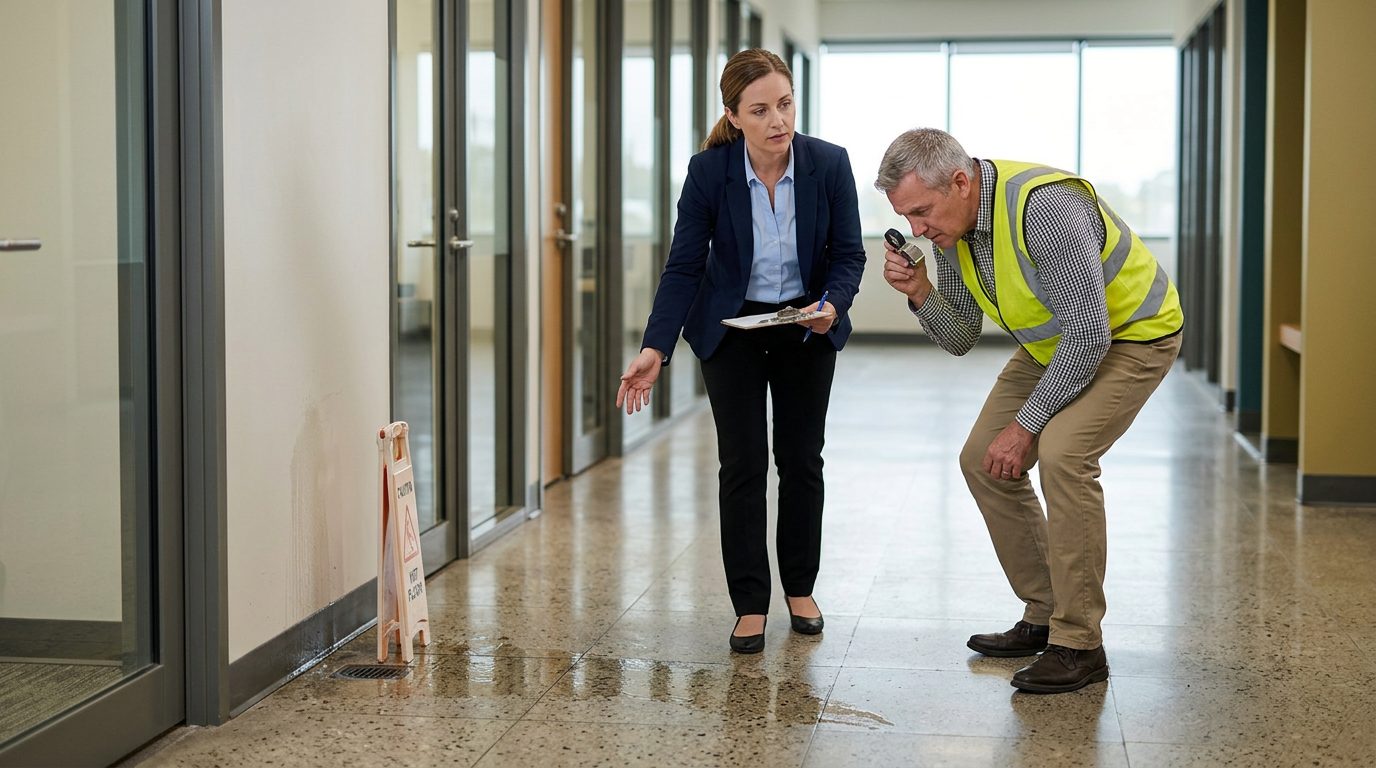 A property manager and safety inspector examine a wet commercial hallway floor with missing warning signs and drainage problems.
