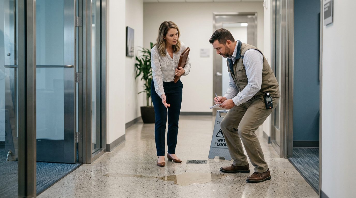 A property manager and safety inspector examine wet flooring and missing warning signs in a commercial hallway.