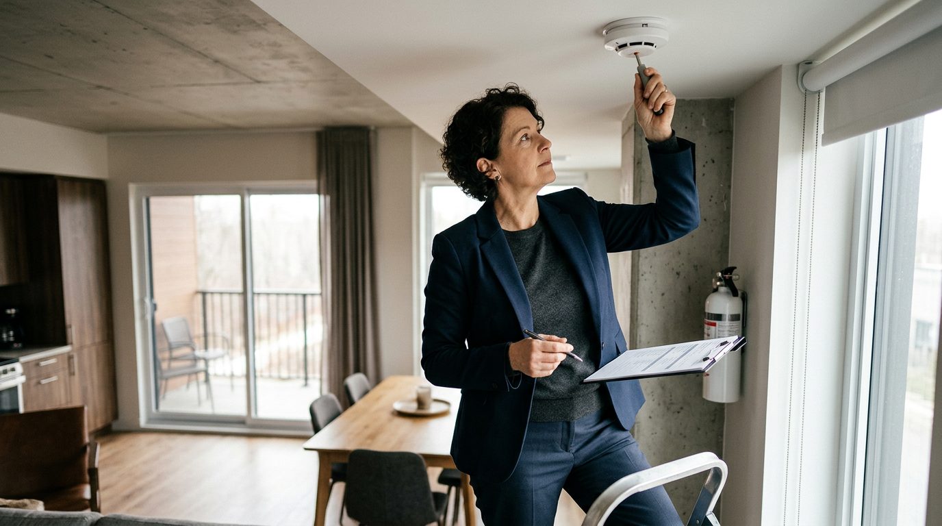 A property manager checks smoke detectors and a fire extinguisher inside a short-term rental unit.