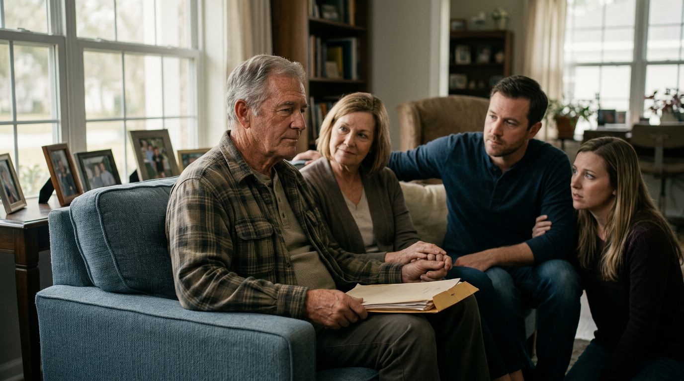 A retired construction worker sits quietly at home with his family.