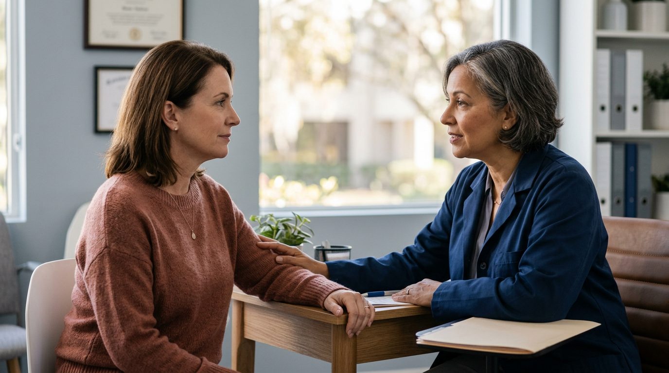 A woman sits calmly with an oncologist during a consultation about ovarian cancer treatment.
