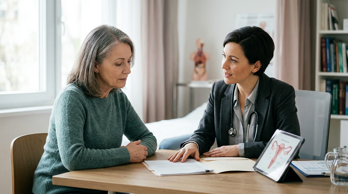 Una mujer conversa con un oncólogo sobre opciones de tratamiento para el cáncer de ovario.