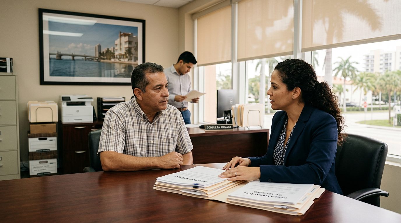 Abogado en oficina profesional revisando documentos legales de casos de lesiones.
