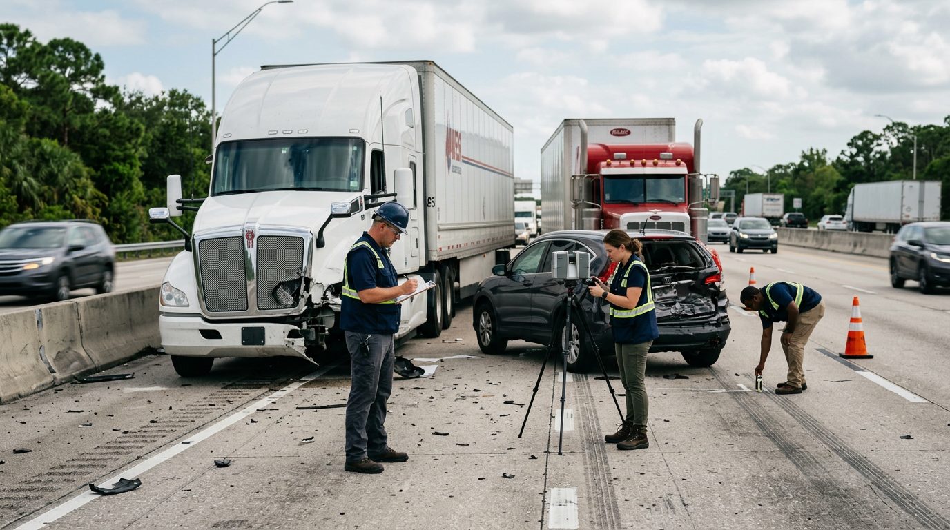 Accident investigators document damage to vehicles on a closed highway lane.