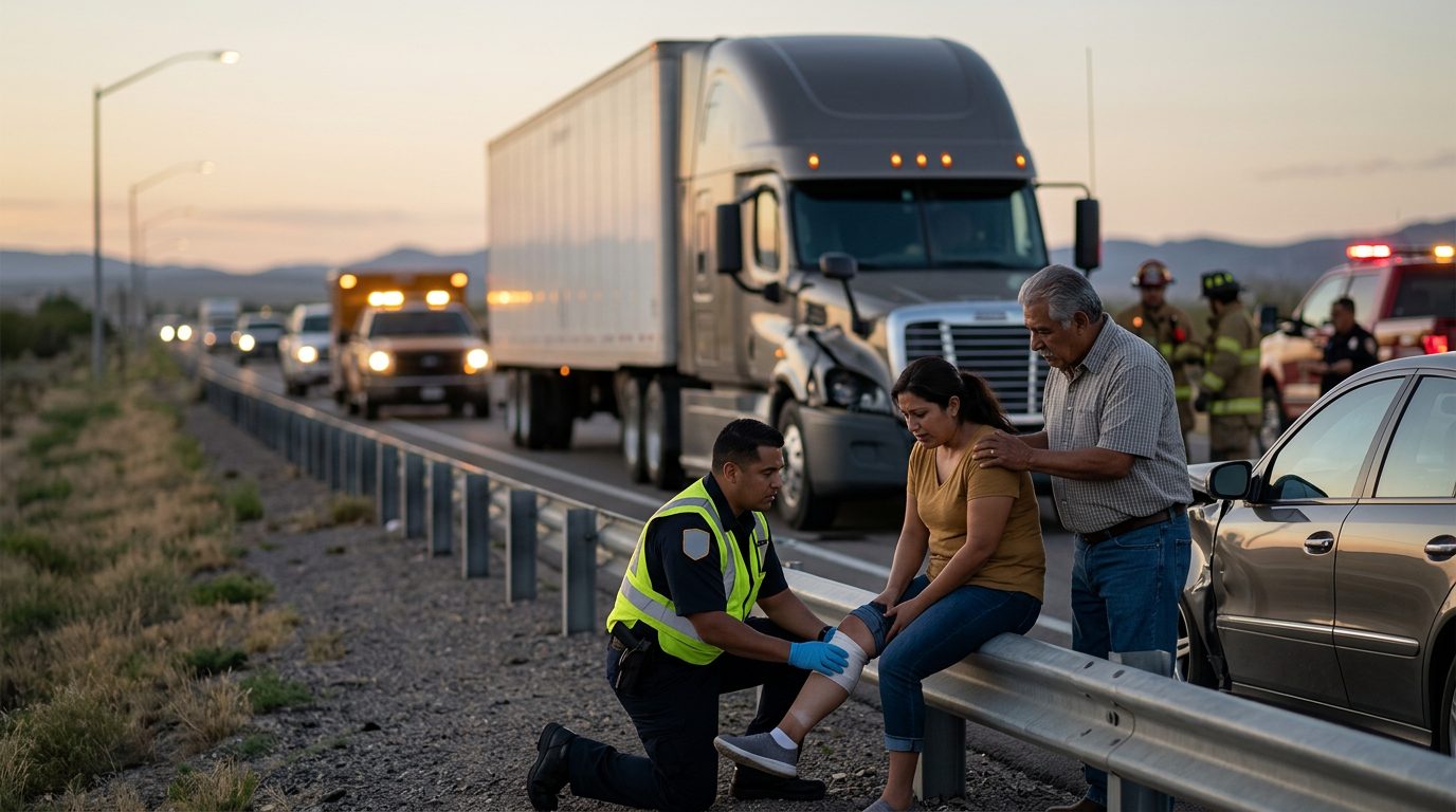 Accidente de camión comercial en carretera con personas hispanohablantes afectadas.