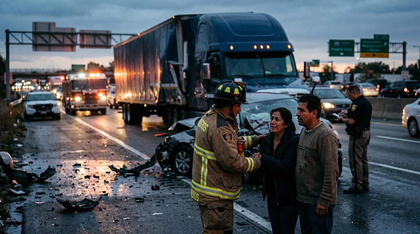 Accidente grave de camión comercial en carretera al atardecer con personas hispanohablantes.