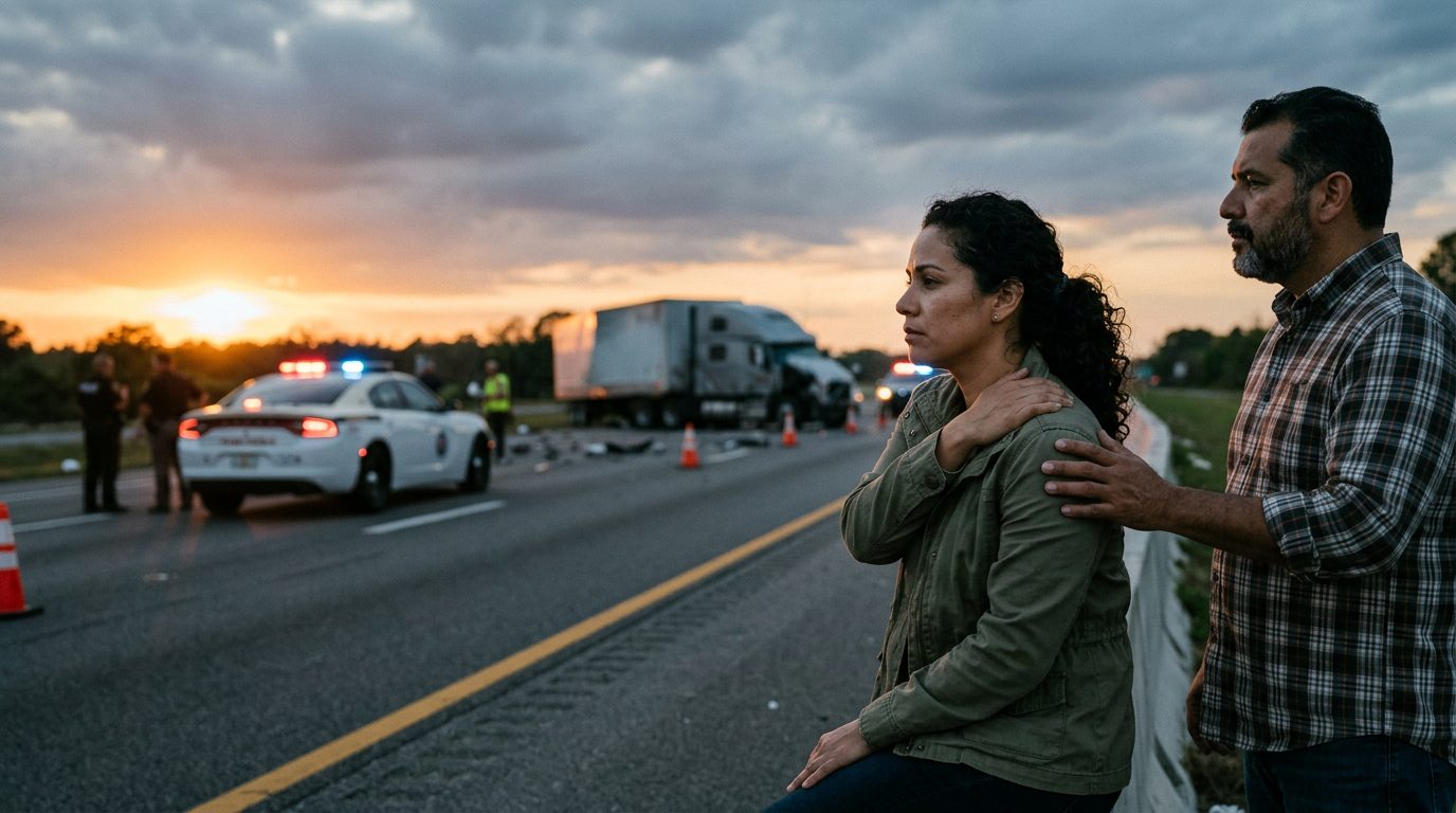 Accidente grave de camión comercial en carretera al atardecer con personas hispanohablantes.