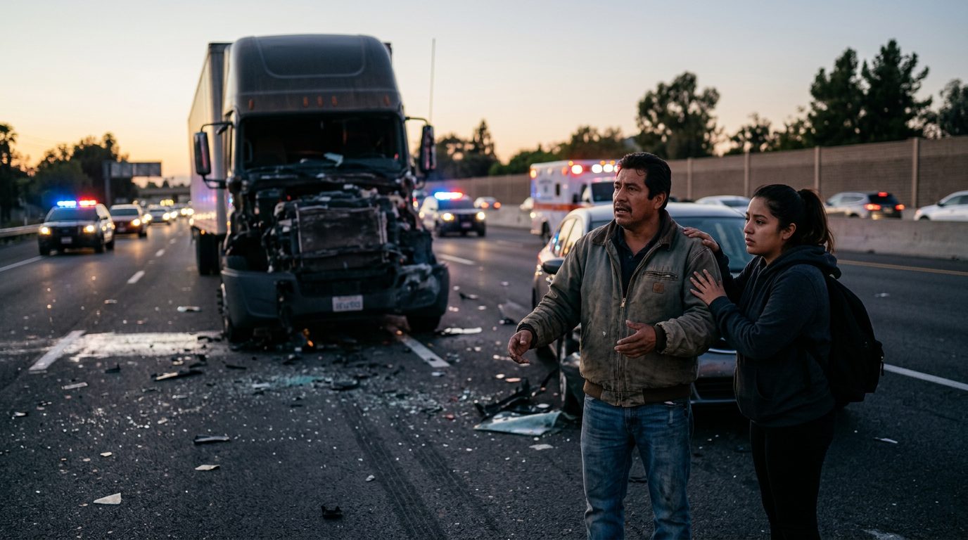Accidente grave de camión comercial en carretera al atardecer con personas hispanohablantes.