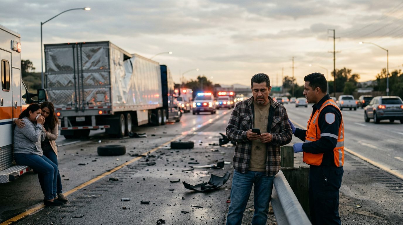 Accidente grave entre camión comercial y vehículo en carretera al atardecer.