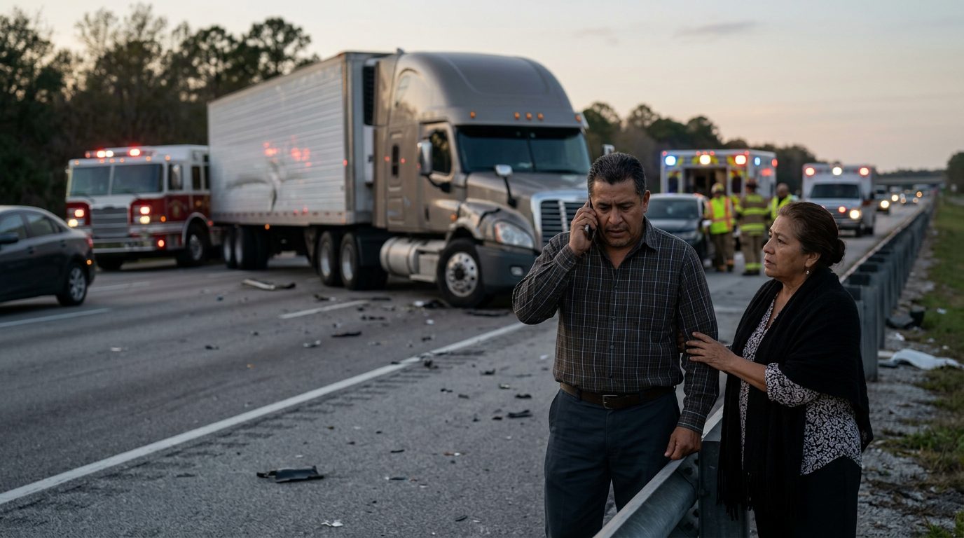 Accidente grave entre camión comercial y vehículos en carretera al atardecer.