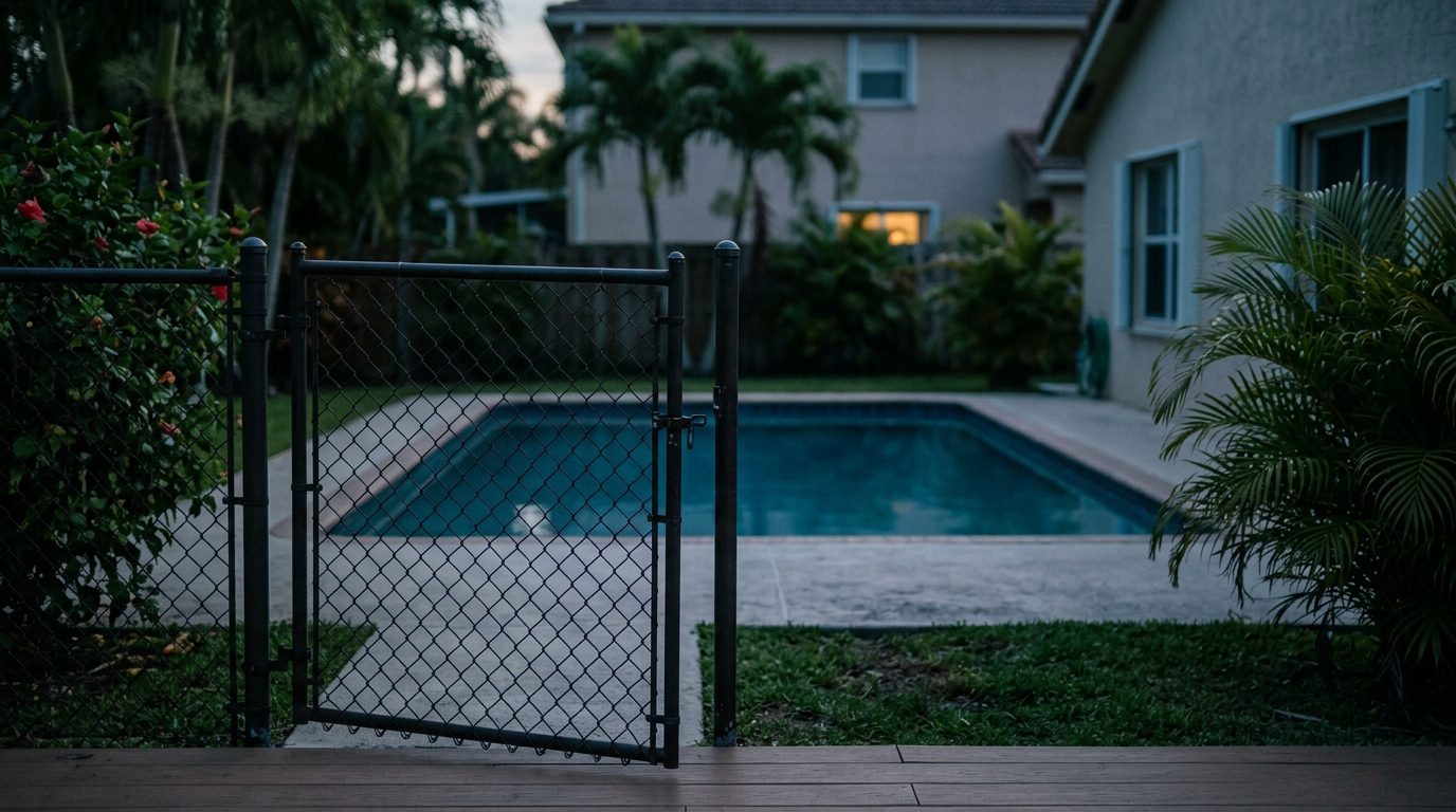 An empty residential swimming pool at dusk with an unlatched safety gate and missing barrier fencing.