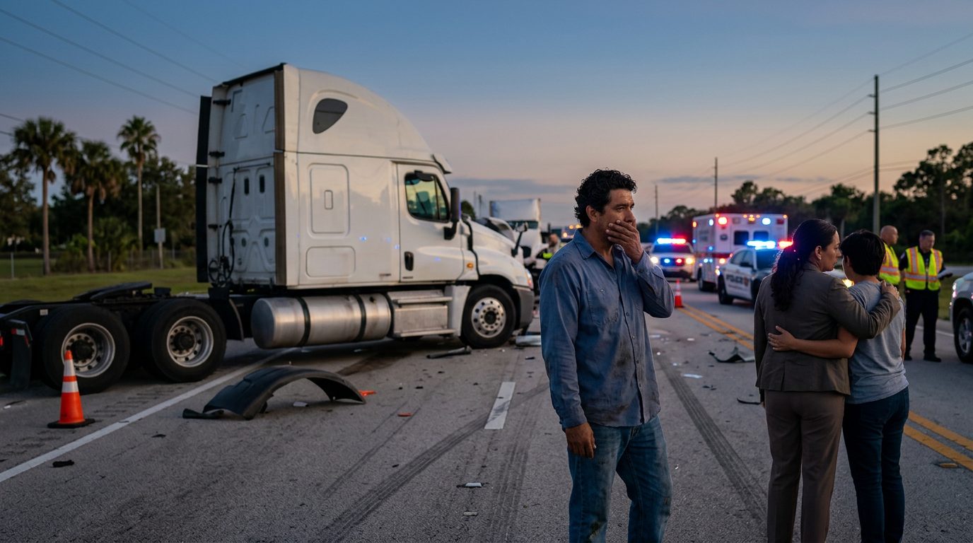 Camión comercial colisionado en carretera al atardecer con personas cerca del lugar.