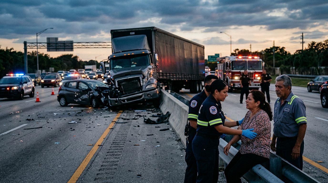 Camión comercial colisionado en carretera al atardecer con personas alrededor.
