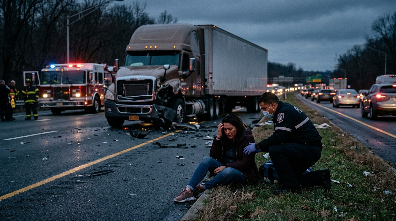 Camión comercial colisionado en carretera al atardecer con personas cerca del lugar del accidente.