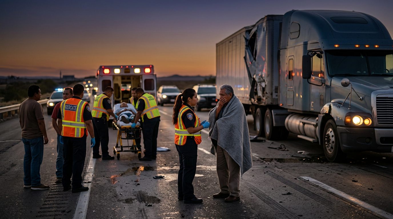 Camión comercial colisionado en carretera al atardecer con personas cerca del lugar del accidente.