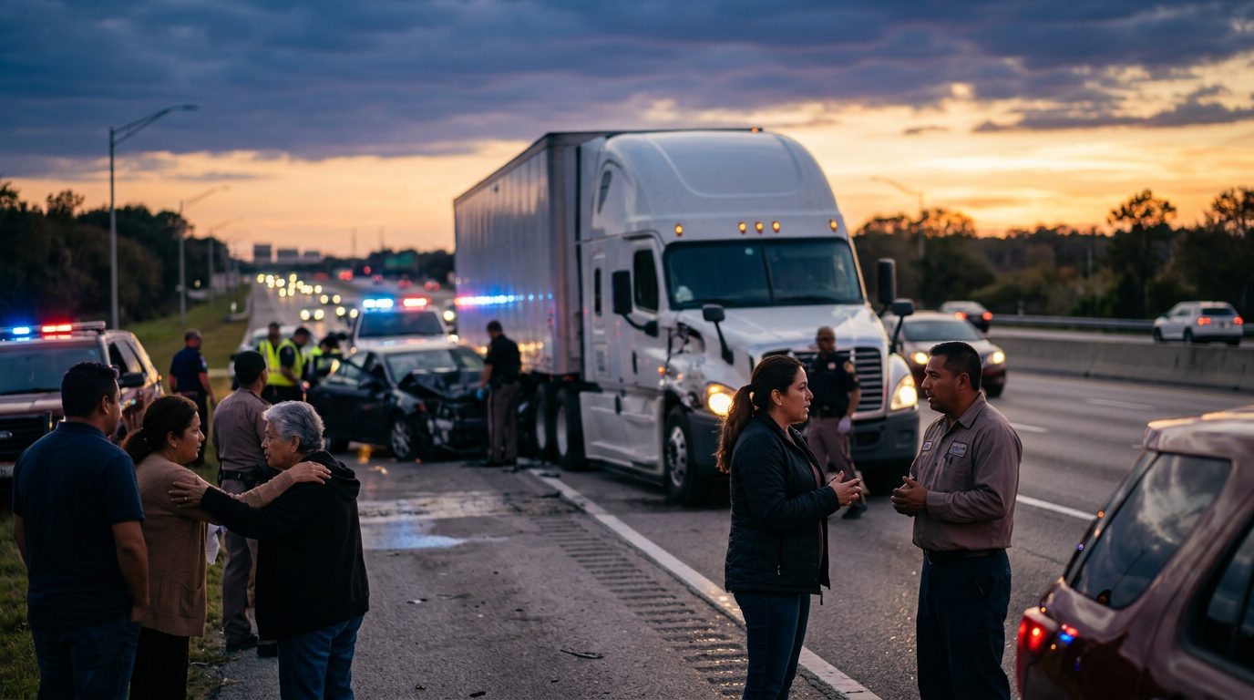 Camión comercial colisionado en carretera de Florida al atardecer con personas cerca.