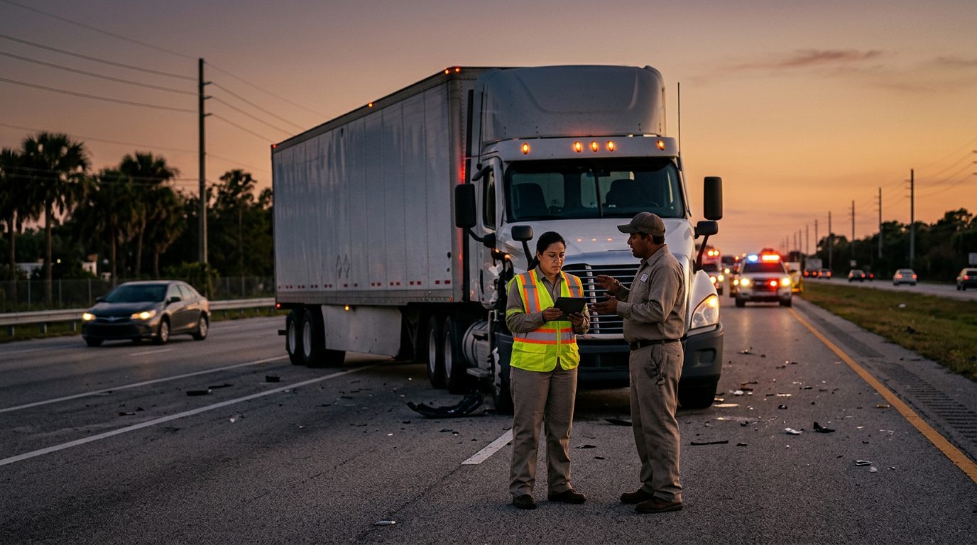 Camión comercial dañado tras colisión en carretera al atardecer.