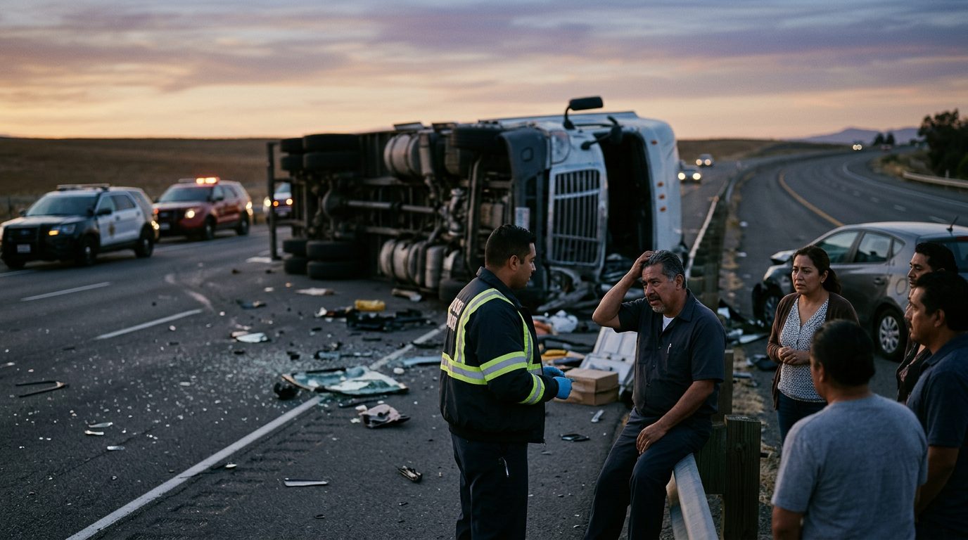Camión comercial dañado tras colisión en carretera al atardecer.