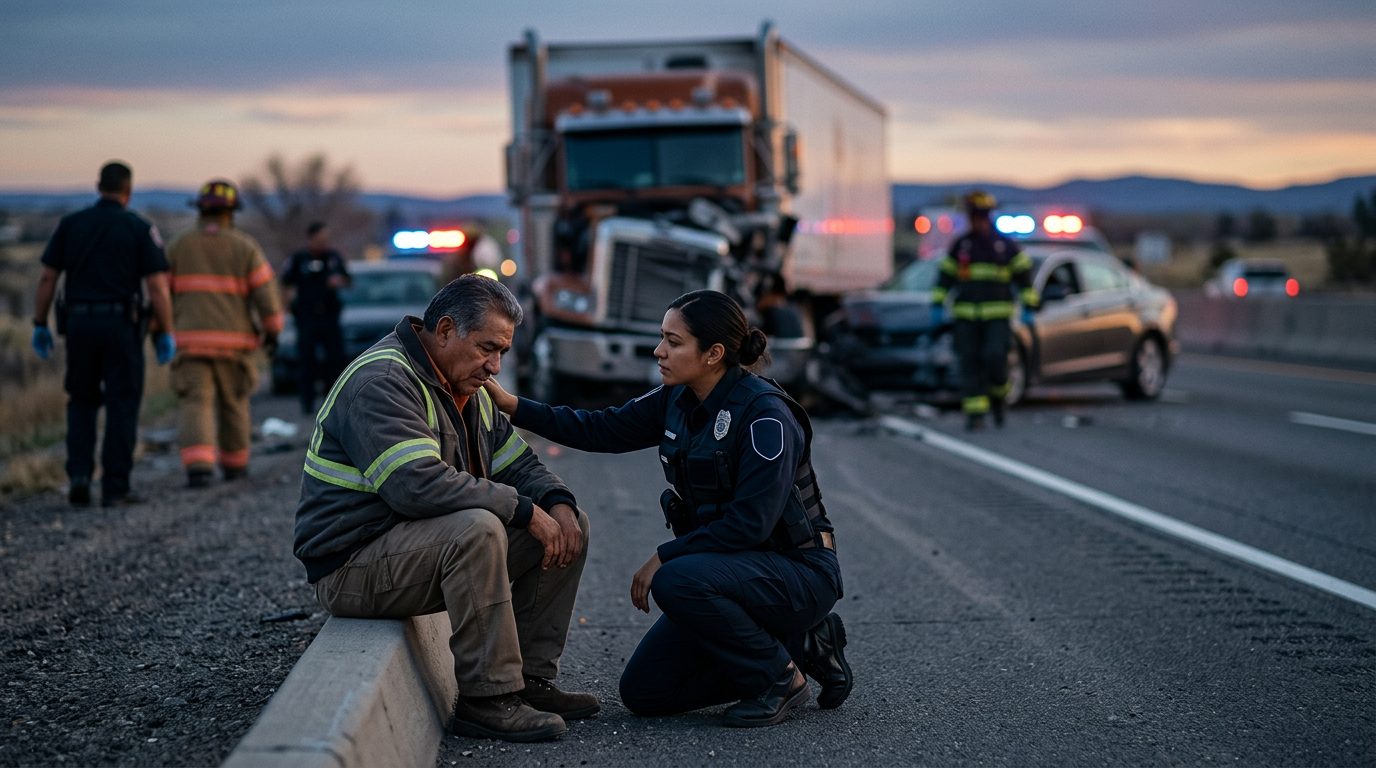 Camión comercial dañado tras colisión en carretera al atardecer.