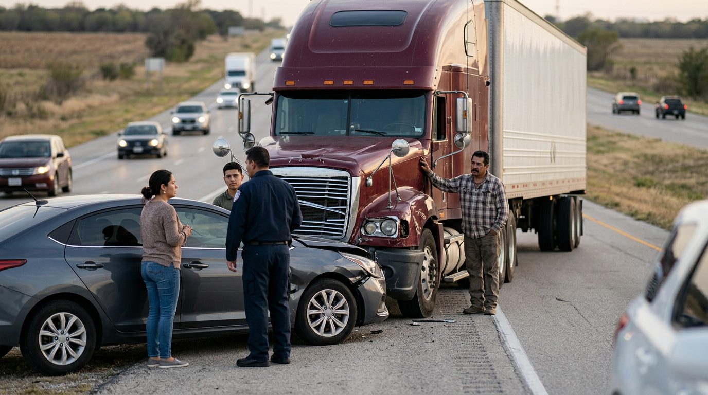 Camión semirremolque dañado y vehículo de pasajeros después de un accidente grave.